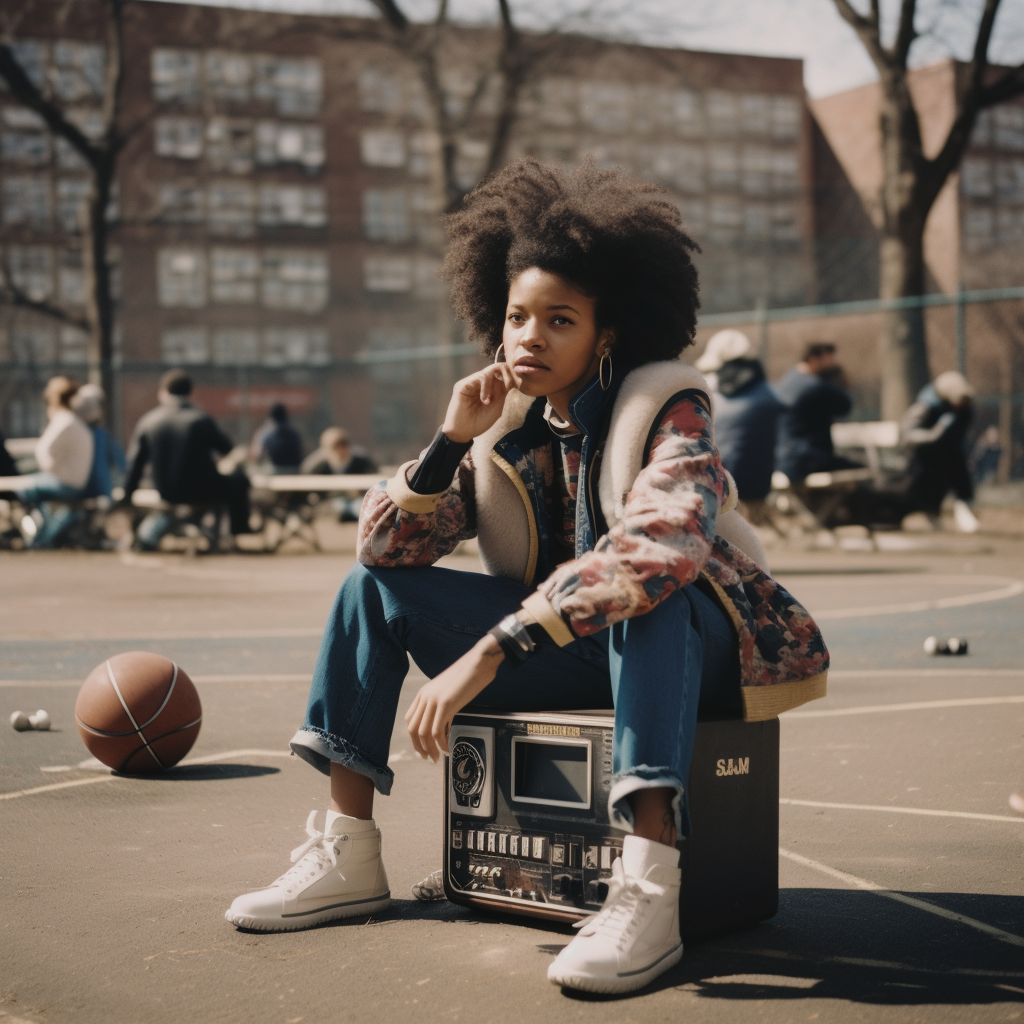 AI Cover: a girl sitting in a baskeball court on a boombox